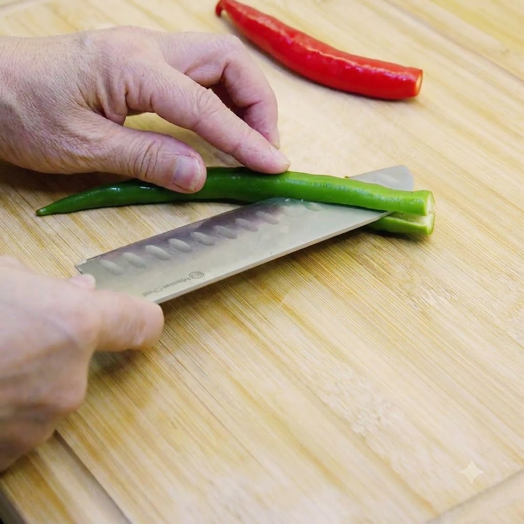 Green and red chilies being sliced and deseeded on a wooden board.