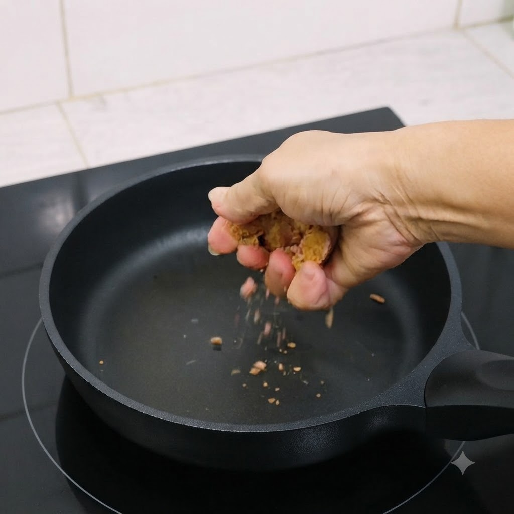 Crushed belacan being dry-fried in a hot pan.