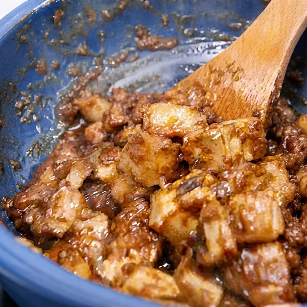 Blended belacan paste and oil cooking inside a blue pot.
