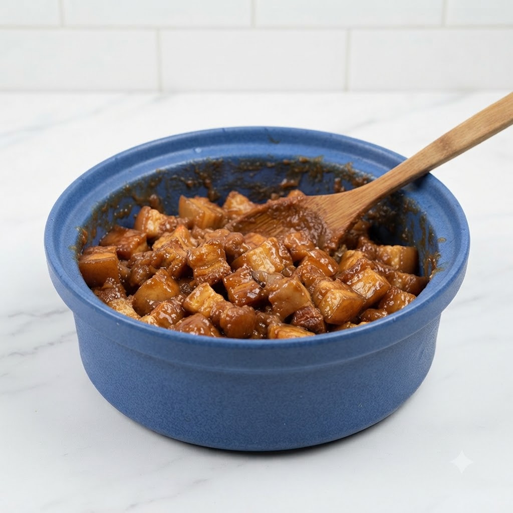 Soybean paste being combined with the belacan paste in a blue pot.