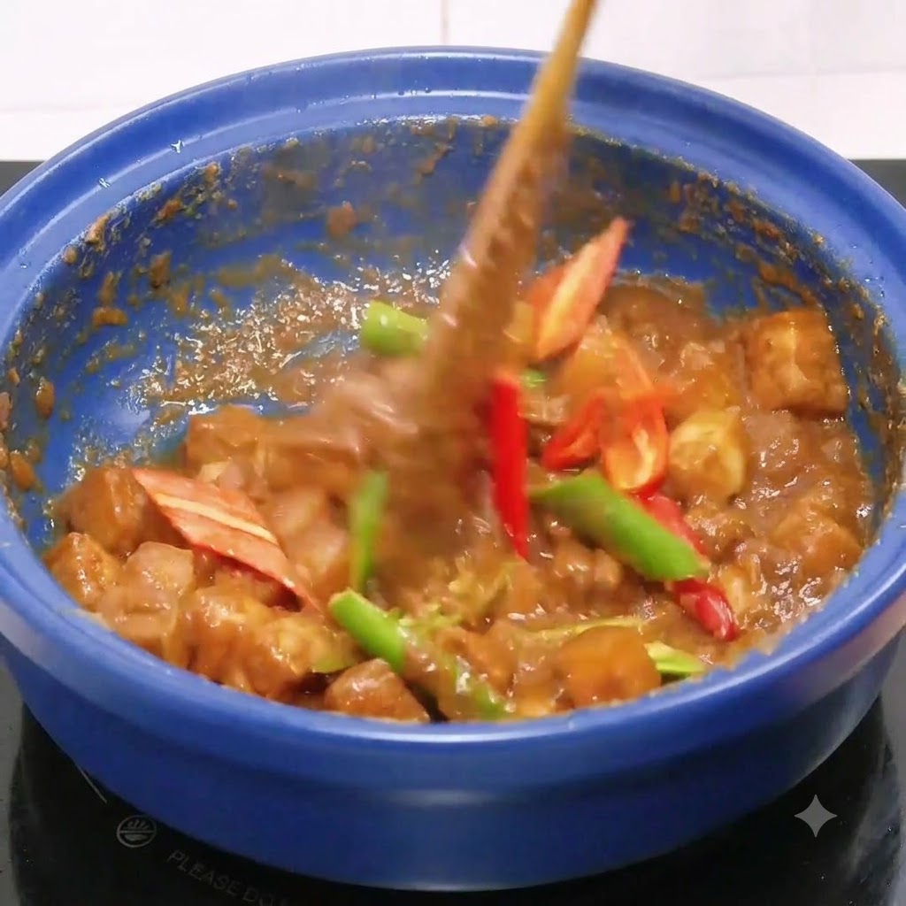 Blanched pork belly chunks being mixed with paste inside a blue pot.