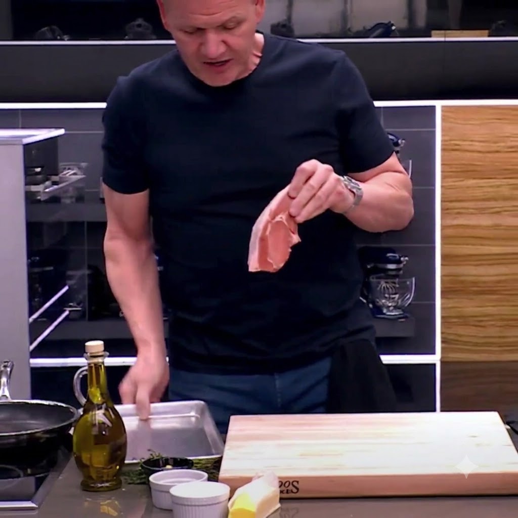 A pair of kitchen shears trimming fat strands off a pork chop on a wooden cutting board.