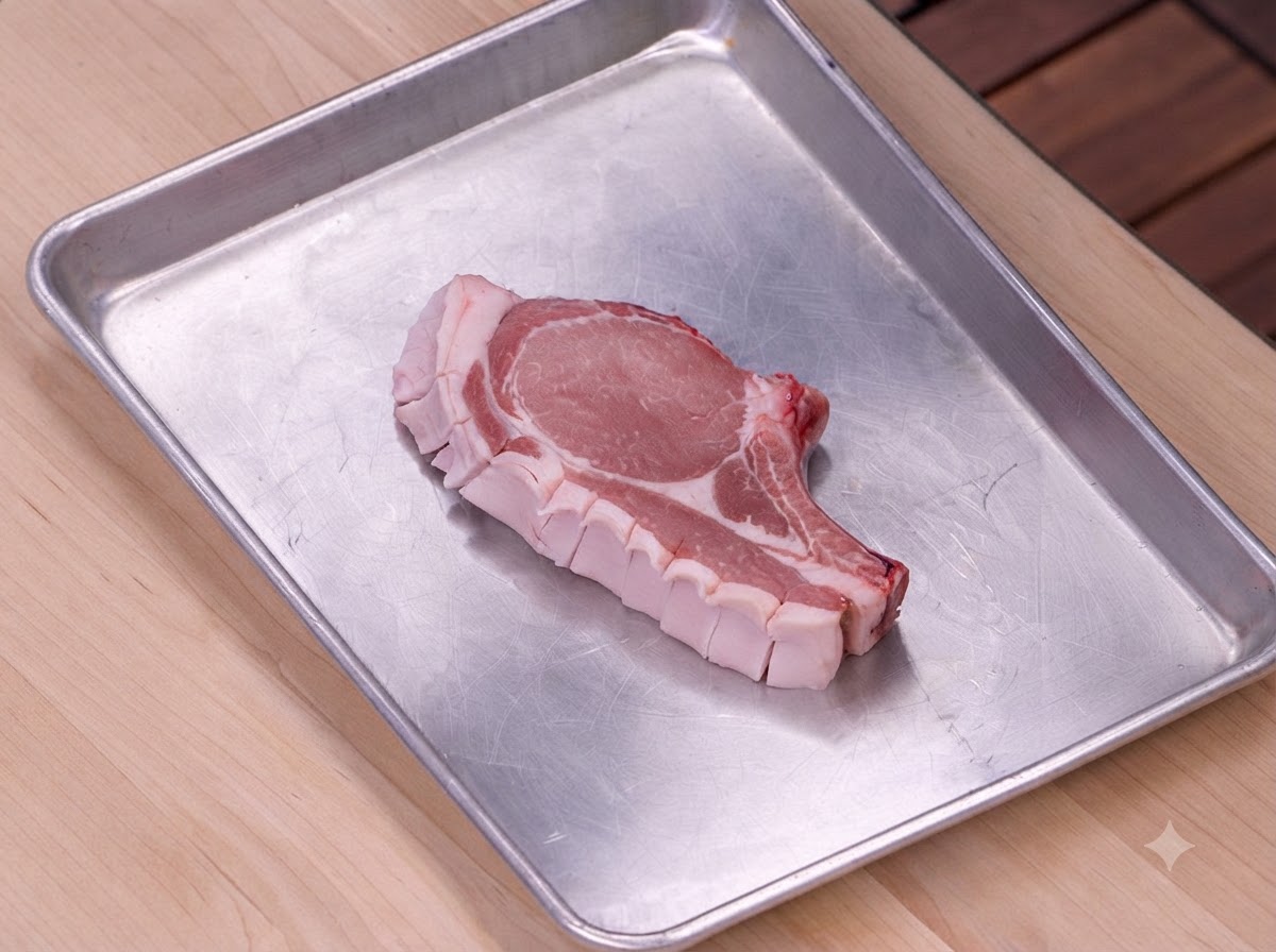 A raw pork chop laid out on a metal tray, sprinkled with salt and black pepper.