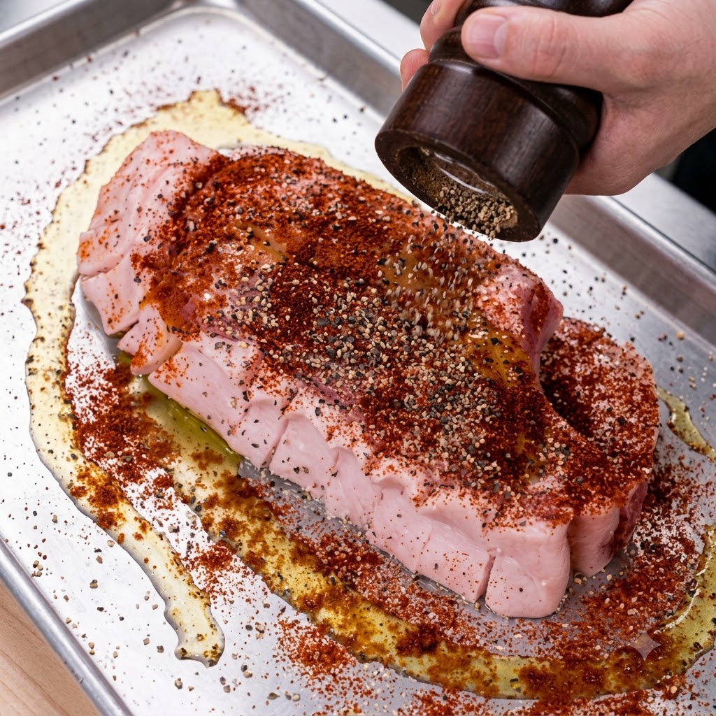 Olive oil, smoked paprika, and chili powder being poured and sprinkled over a raw pork chop.