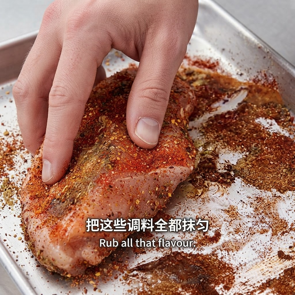 A hand massaging the spice rub and oil into a raw pork chop.