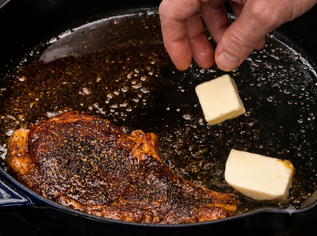Butter chunks and thyme sprigs being added next to a searing pork chop in a pan.
