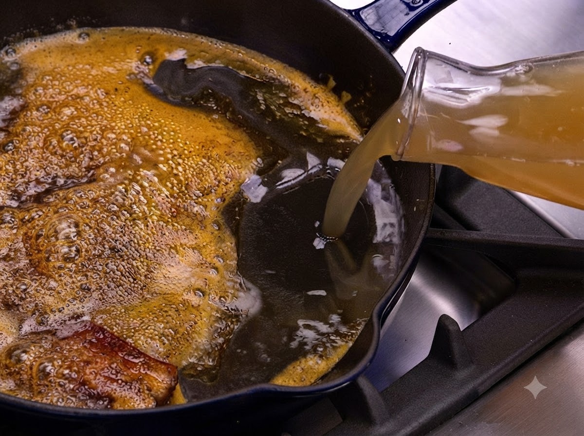A clear liquid stock being poured from a glass pitcher into a cast iron pan containing a seared pork chop.
