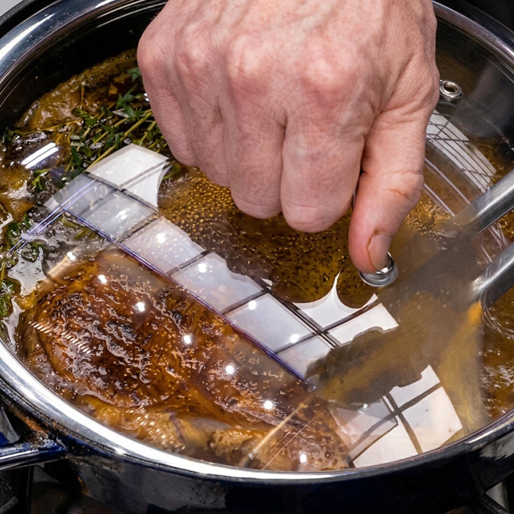 A hand placing a glass lid over a hot cast iron skillet to cover a cooking pork chop.