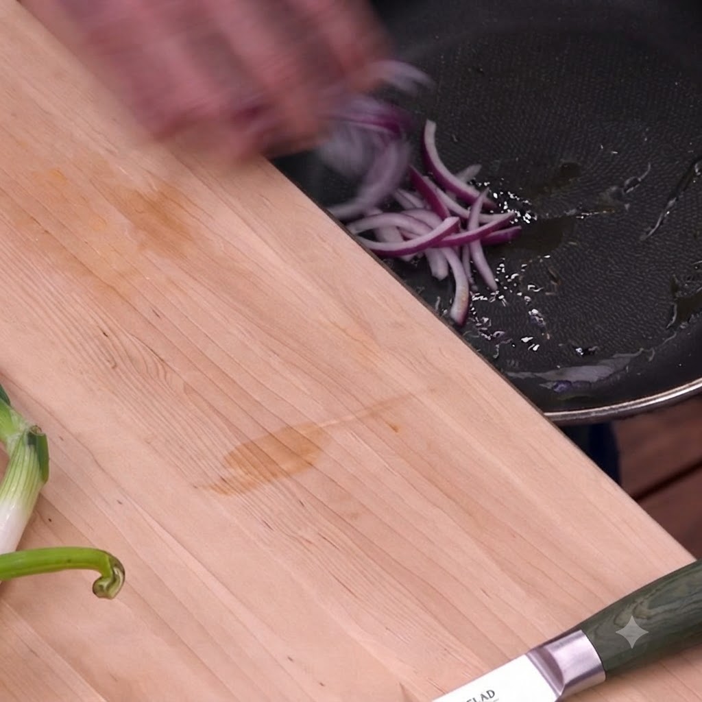 Thinly sliced red onions sliding off a wooden cutting board into a hot frying pan with sizzling oil.