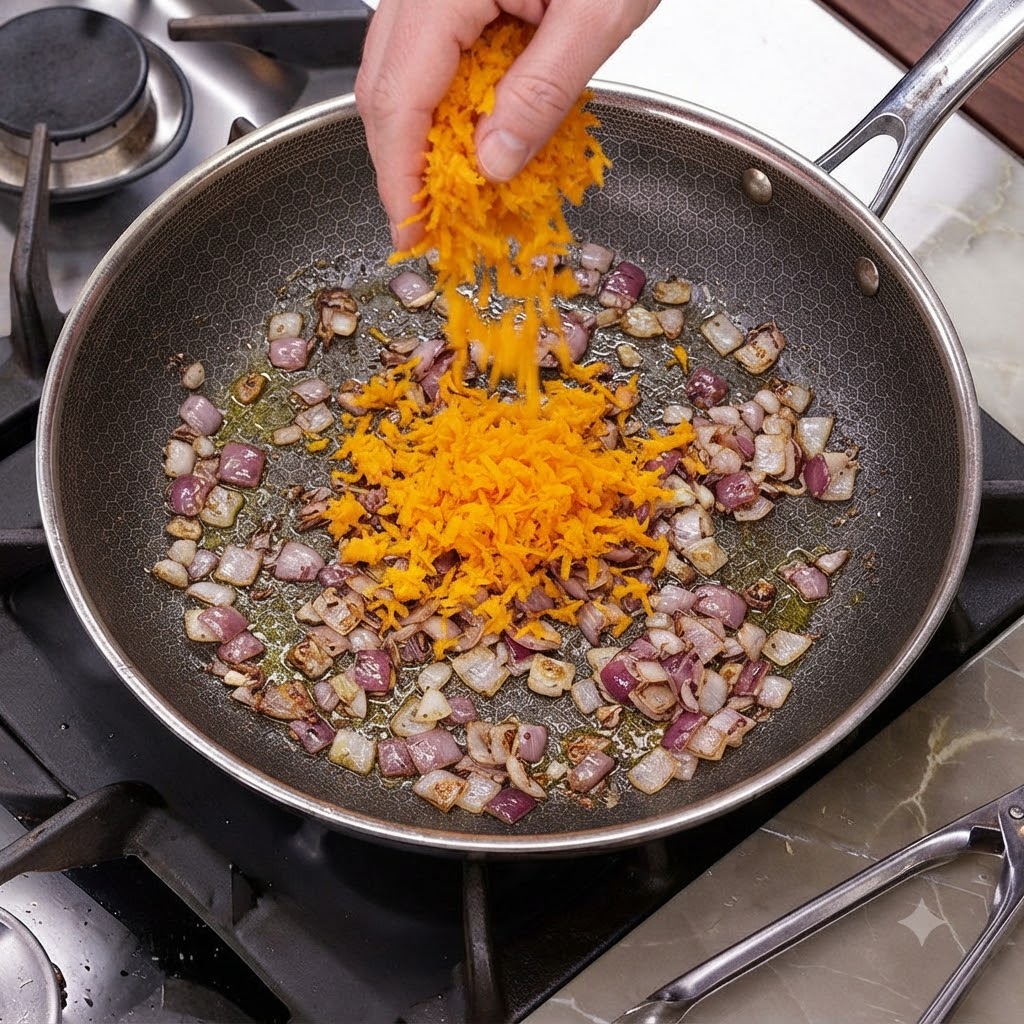 Freshly grated butternut squash being sprinkled into a frying pan filled with sautéed onions.
