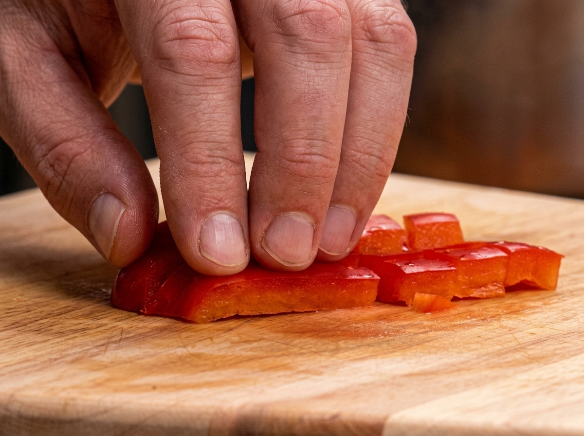 Large diced red and yellow bell peppers being added to the vegetable blend in the skillet.
