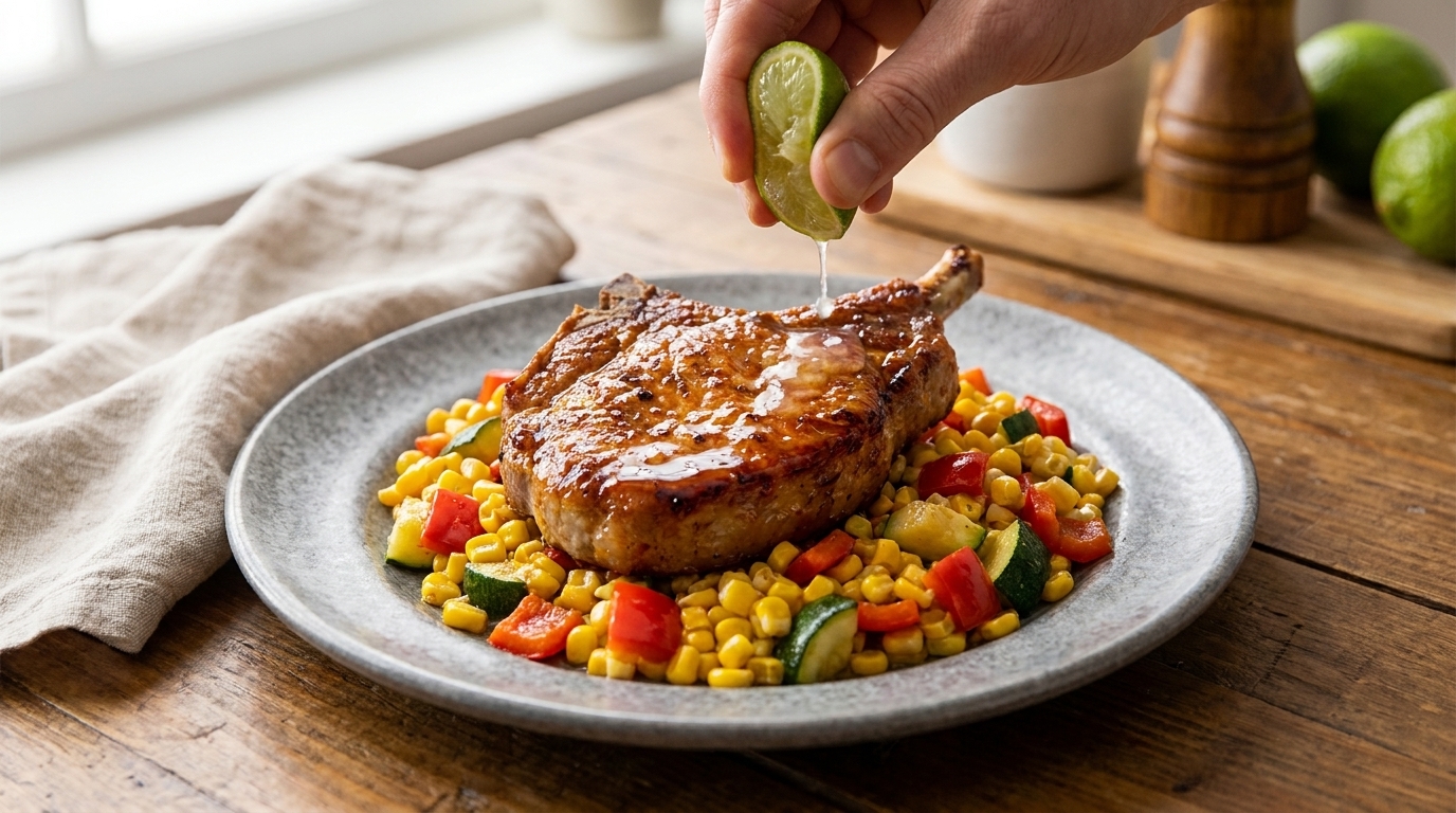 Pan-Seared Pork Chop with Summer Succotash