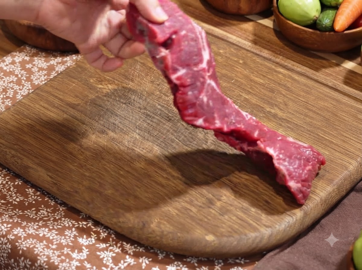 Fresh beef tenderloin being sliced into pieces on a wooden cutting board.