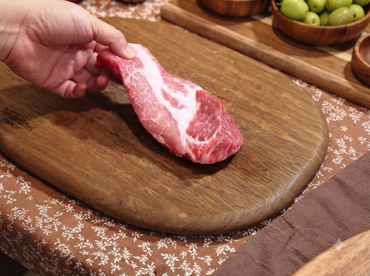 A raw pork shoulder cutlet held by a hand above a wooden cutting board.