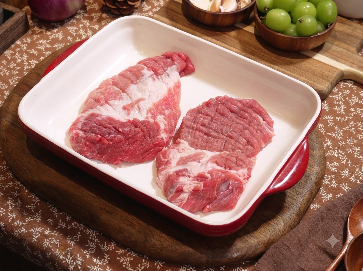 Raw pork cutlets resting in a white baking dish, seasoned and ready for marination.
