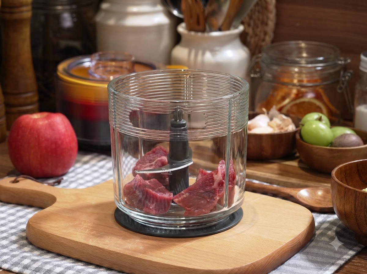Raw beef meat chunks placed inside the glass bowl of a food processor.