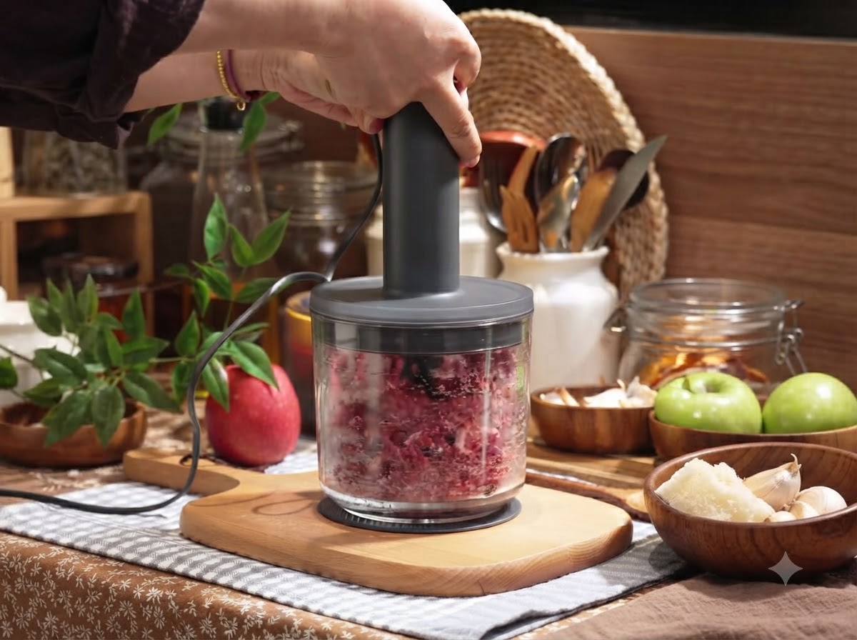 Finely minced beef inside a glass container after processing.