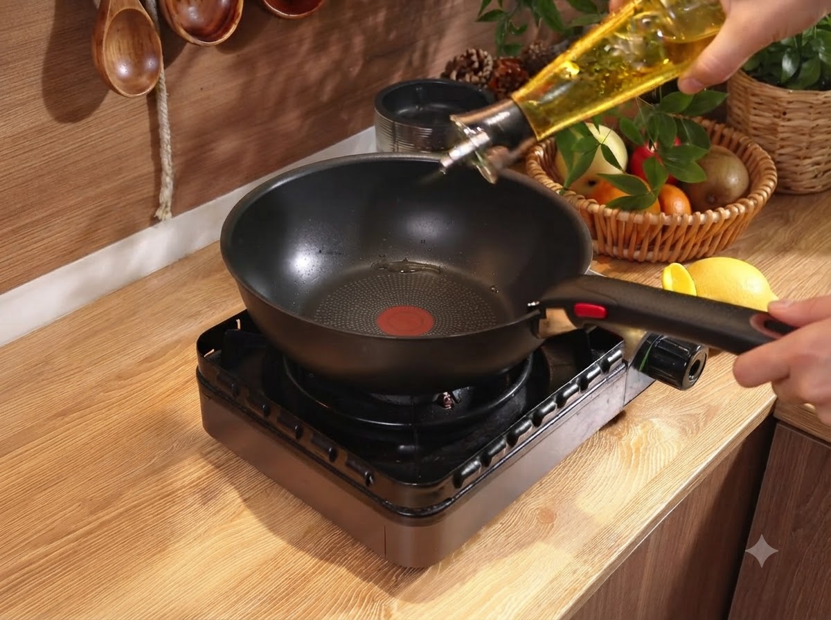 Minced beef being stir-fried in a hot pan with oil, seasoned with black pepper and sea salt.