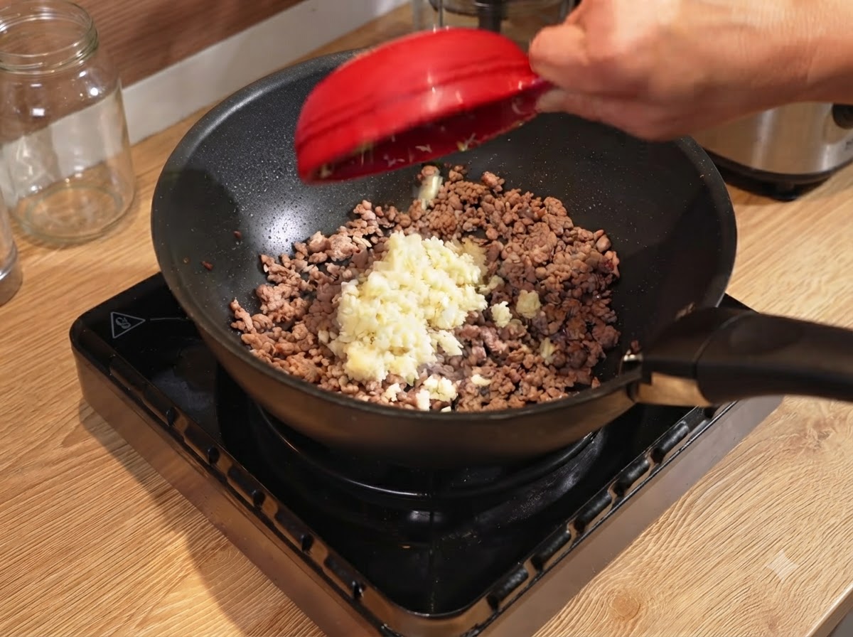 Minced garlic and chopped red onions being poured into the pan with browned beef.