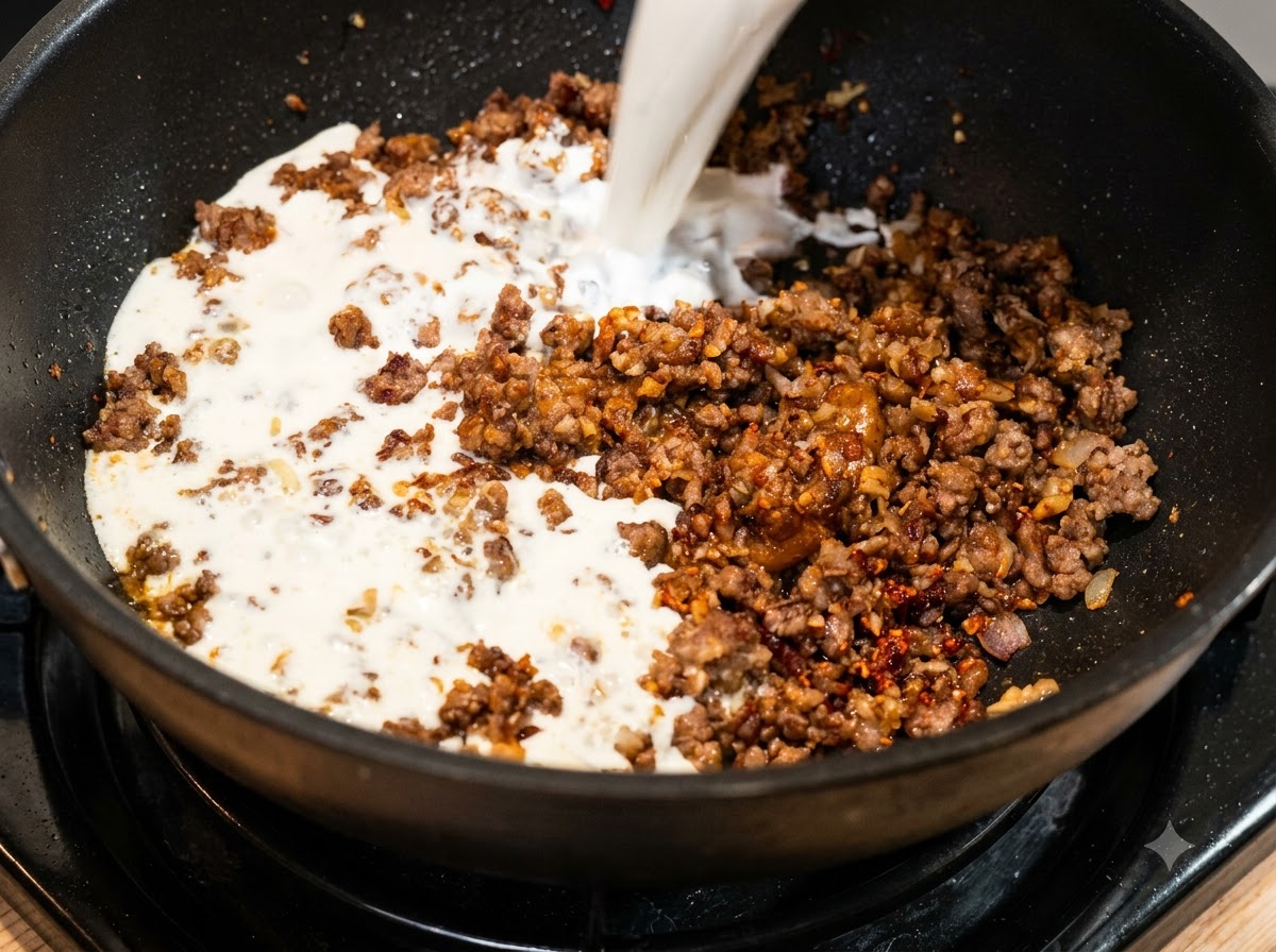 Milk being added to the cooked beef and onion mixture in the pan.