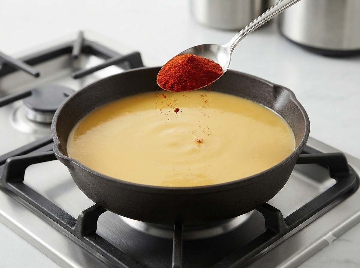 Sweet paprika powder being added from a spoon into the simmering curry sauce.