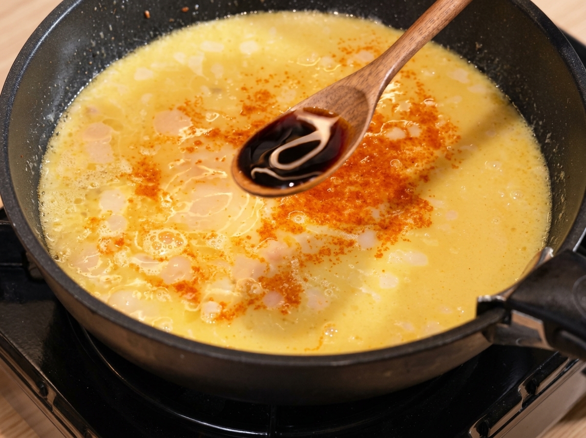Light soy sauce being poured from a wooden spoon into the bubbling curry sauce in a black pan.