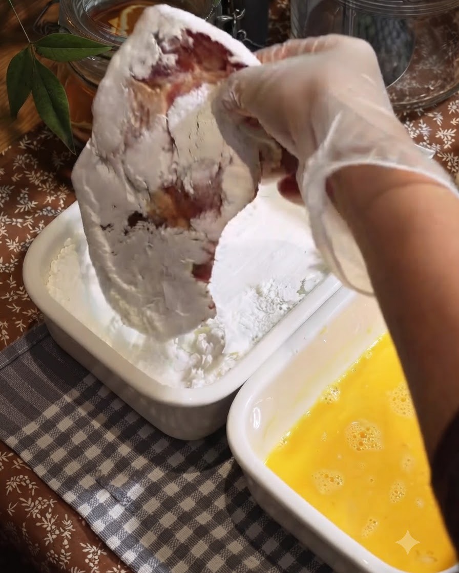 A marinated pork cutlet being coated with starch in a white container tray.