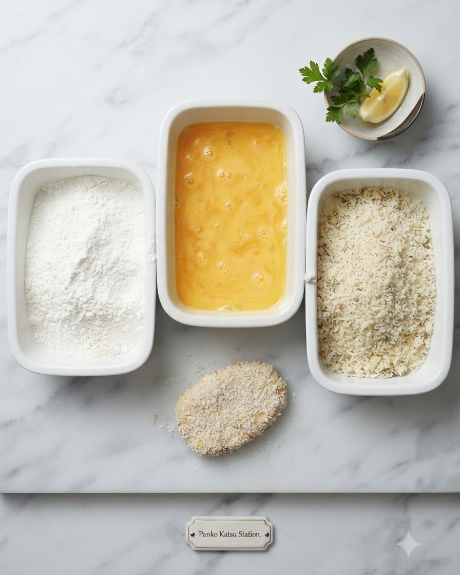 A starch-coated pork cutlet being dipped into a white rectangular dish filled with beaten egg wash next to flour and breadcrumbs.
