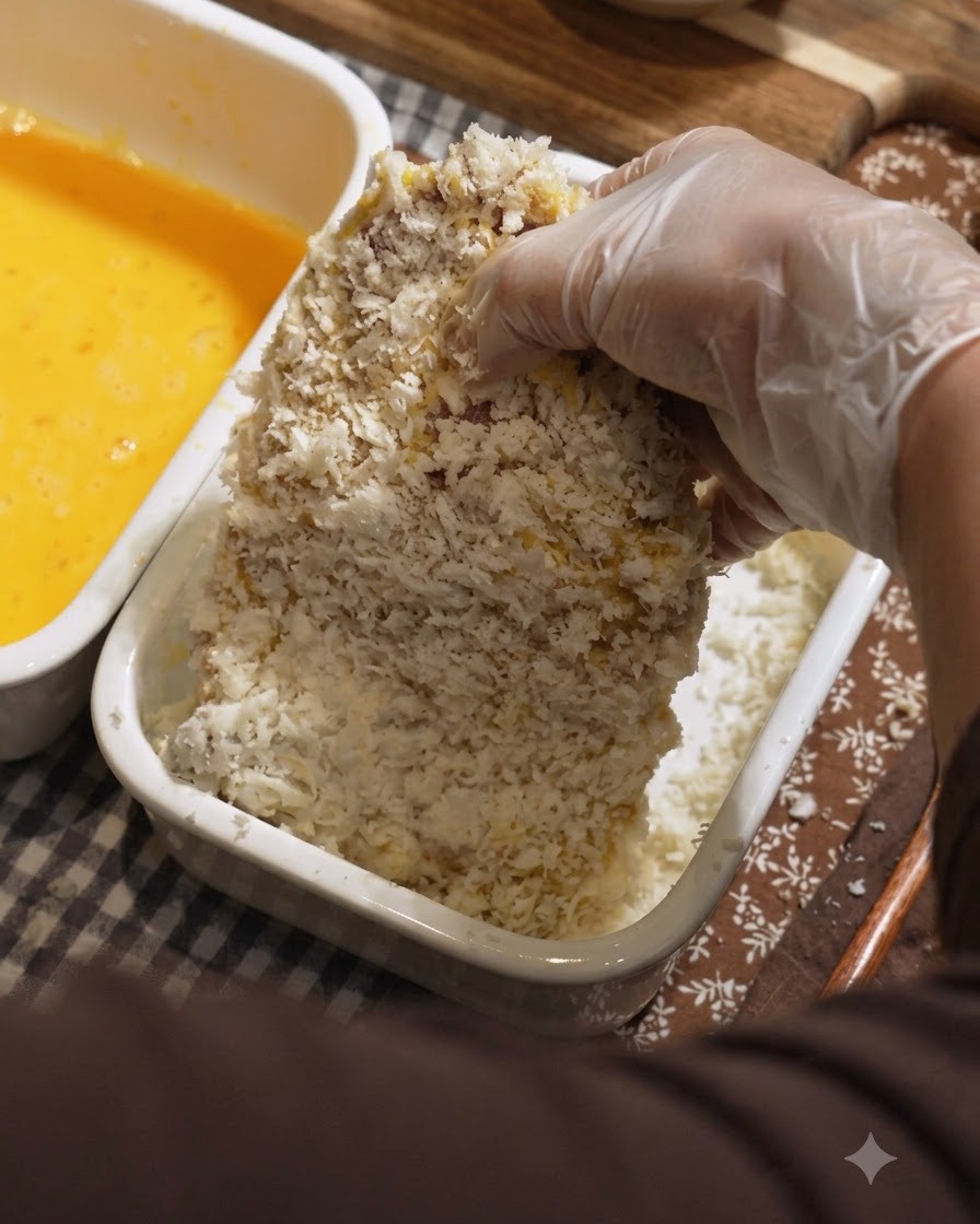 A gloved hand coating an egg-washed meat cutlet with breadcrumbs inside a white ceramic container.