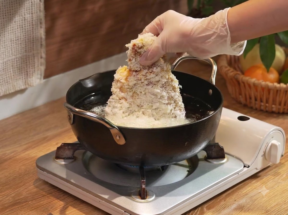 A gloved hand lowering a breaded pork cutlet into hot oil in a black pan.