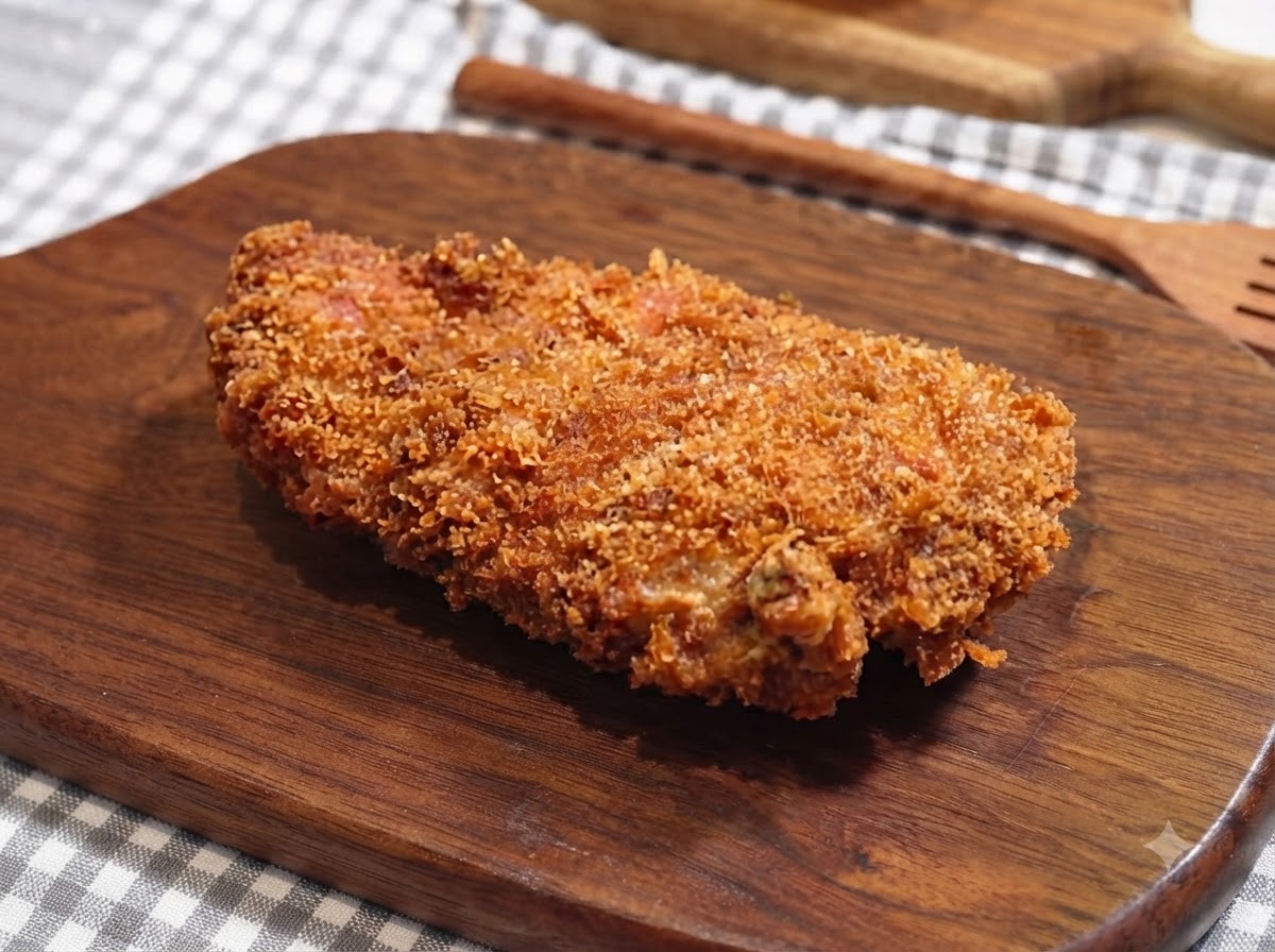 A freshly fried golden pork cutlet resting on a wooden cutting surface.