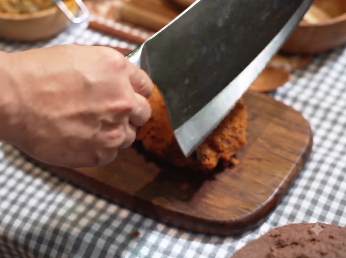 A cleaver slicing through a crispy fried pork cutlet on a wooden board.