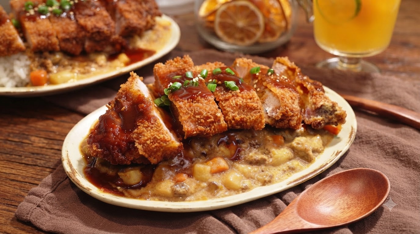 Crispy pork cutlet slices topped with sauce and sesame seeds over curry meat sauce and rice, garnished with fresh green onions.