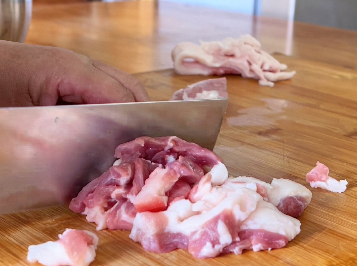 Pork slices being cut on a wooden cutting board.