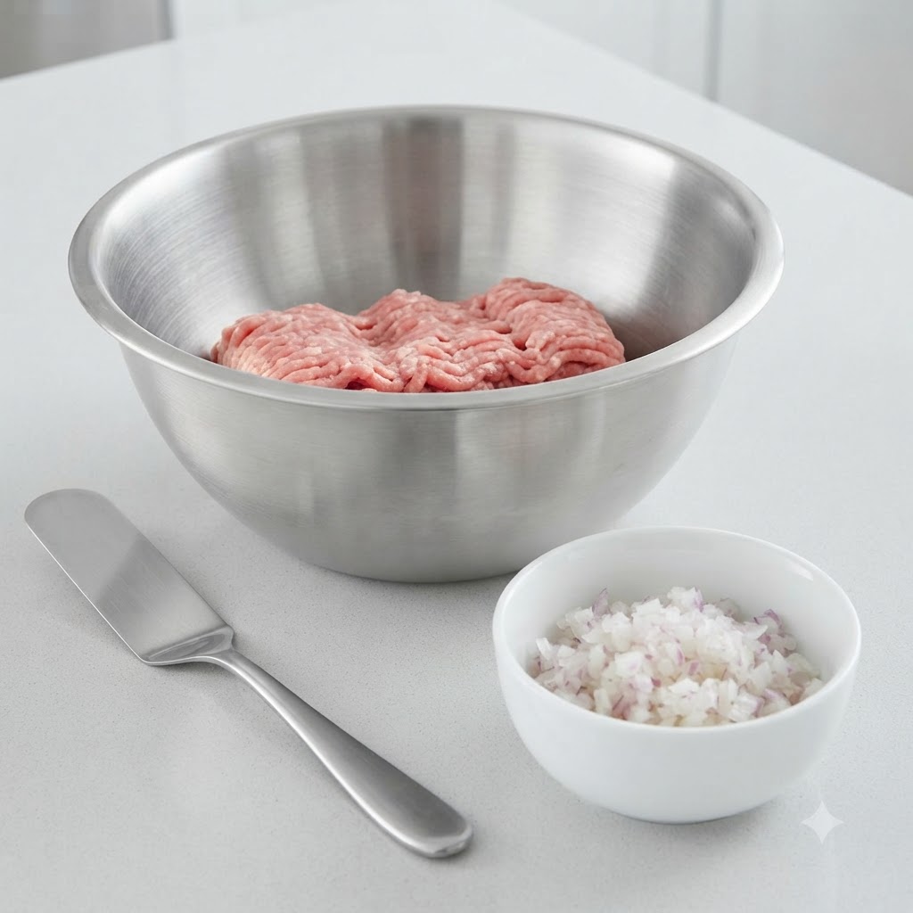 A mixing bowl containing minced pork paste alongside a bowl of chopped onions and a spatula.
