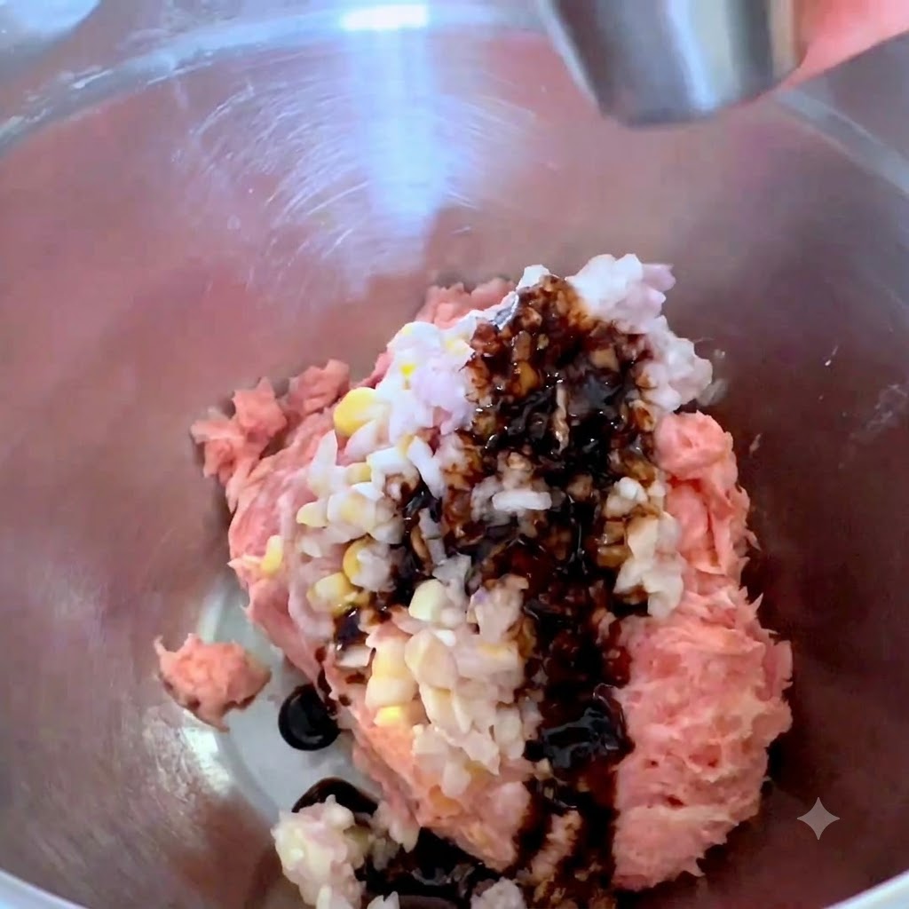 Sauces and seasonings being poured into the mixing bowl with the pork and onions.