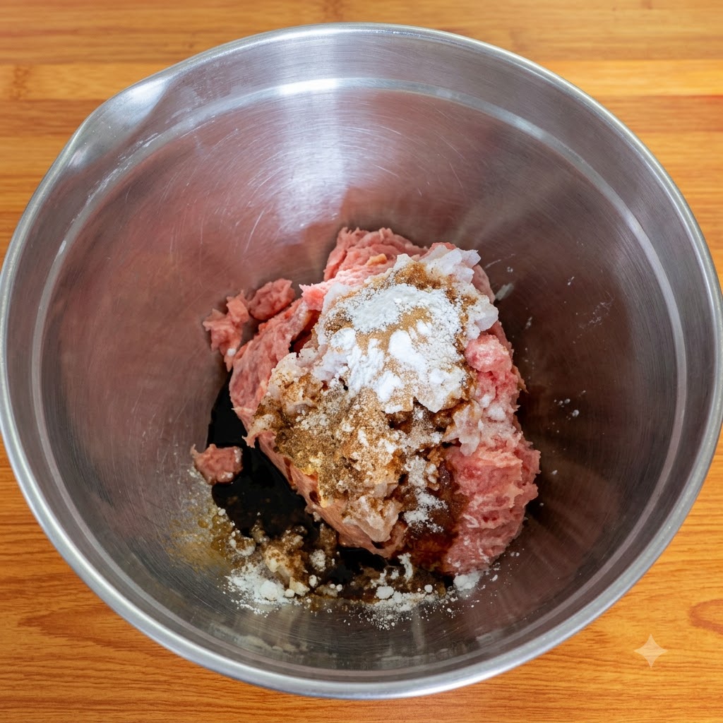 Seasonings and minced pork piled together inside a stainless steel mixing bowl.