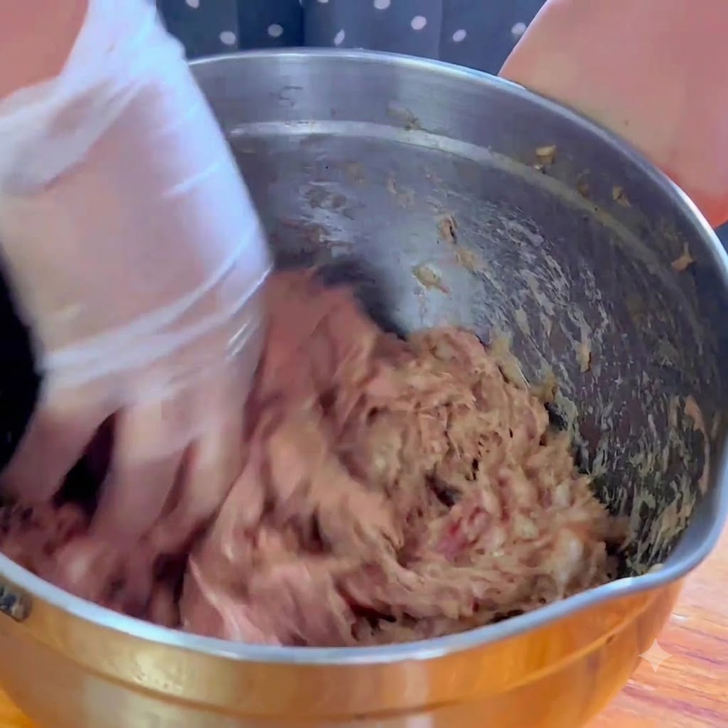 A gloved hand vigorously mixing and kneading the seasoned pork inside a metal bowl.