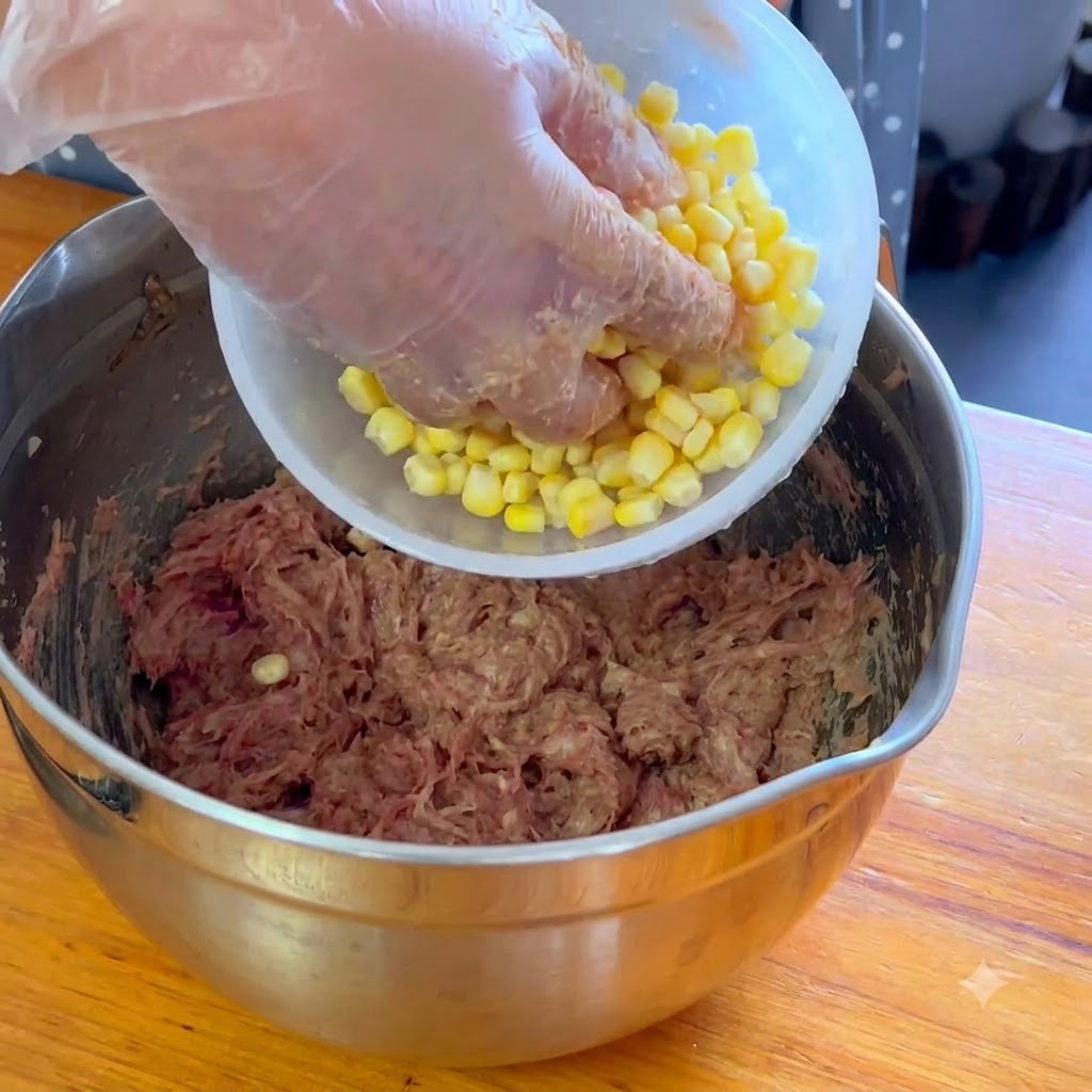 Bright yellow corn kernels being poured from a small bowl into the mixed pork.