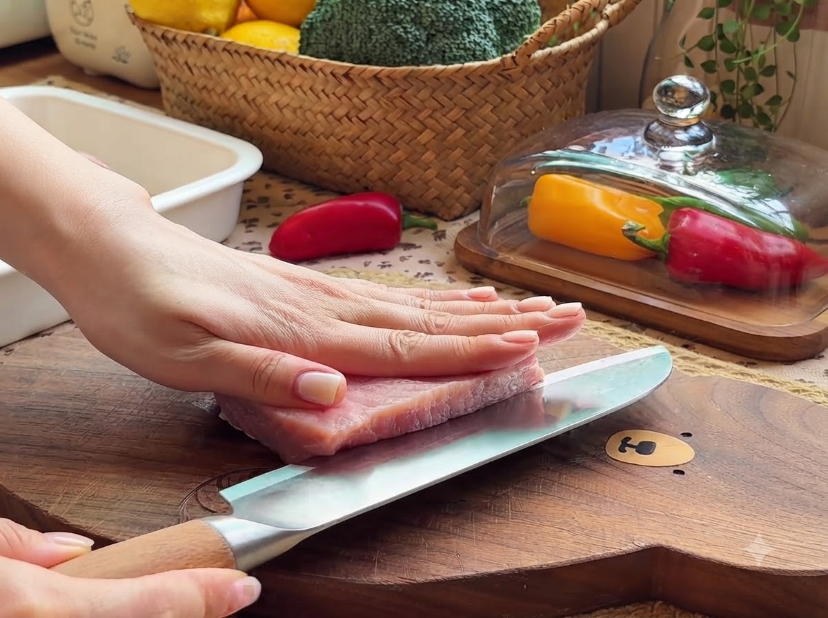 A hand holding a chefs knife cutting a piece of fresh pink pork tenderloin in half on a wooden cutting board.