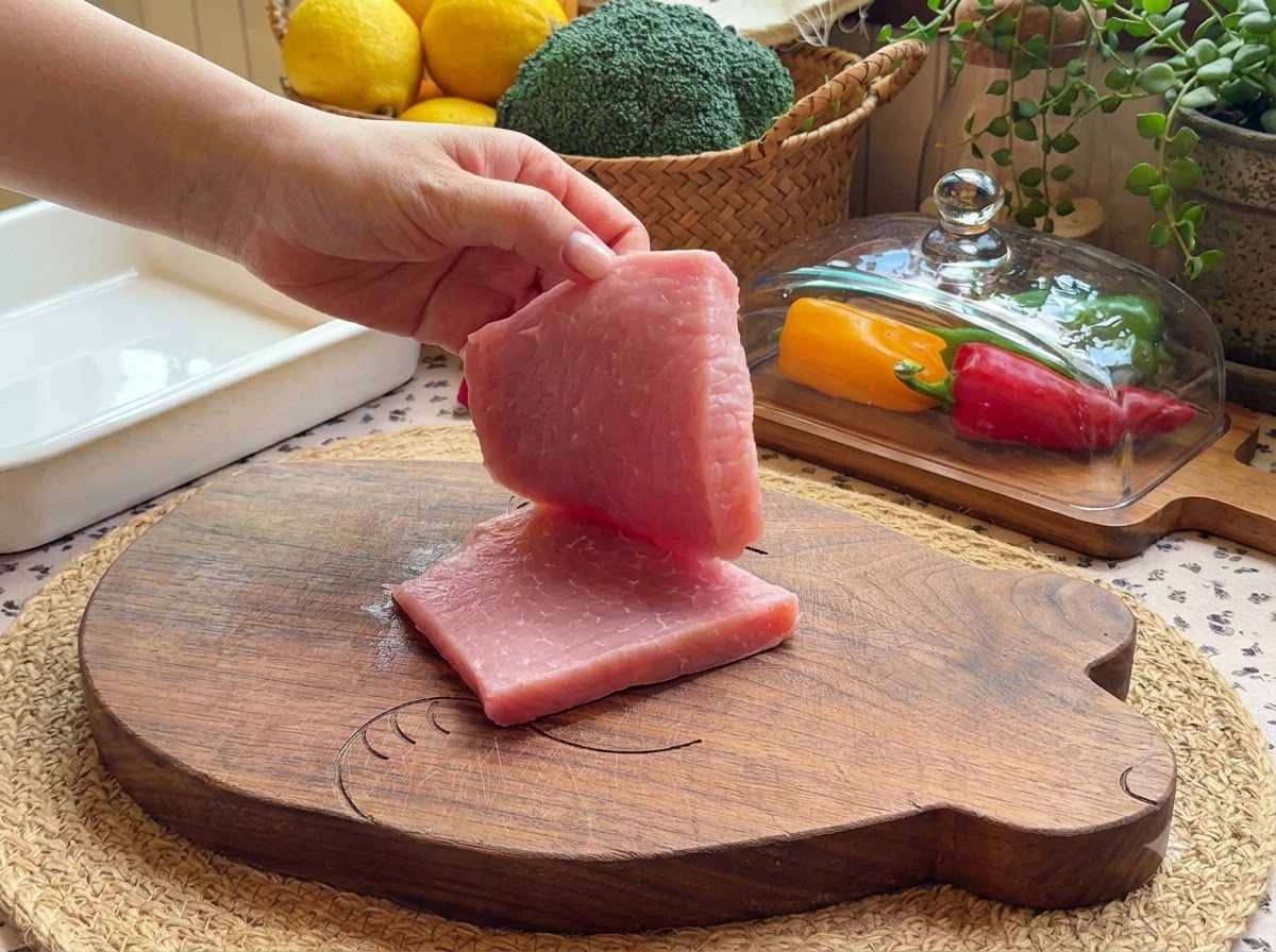 A piece of fresh pink pork tenderloin being lifted above a wooden cutting board next to a white baking dish.