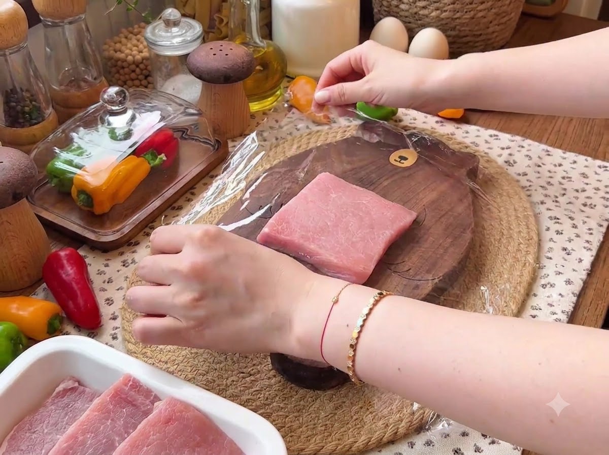 A piece of pork tenderloin on a wooden cutting board being covered with a clear sheet of plastic wrap.