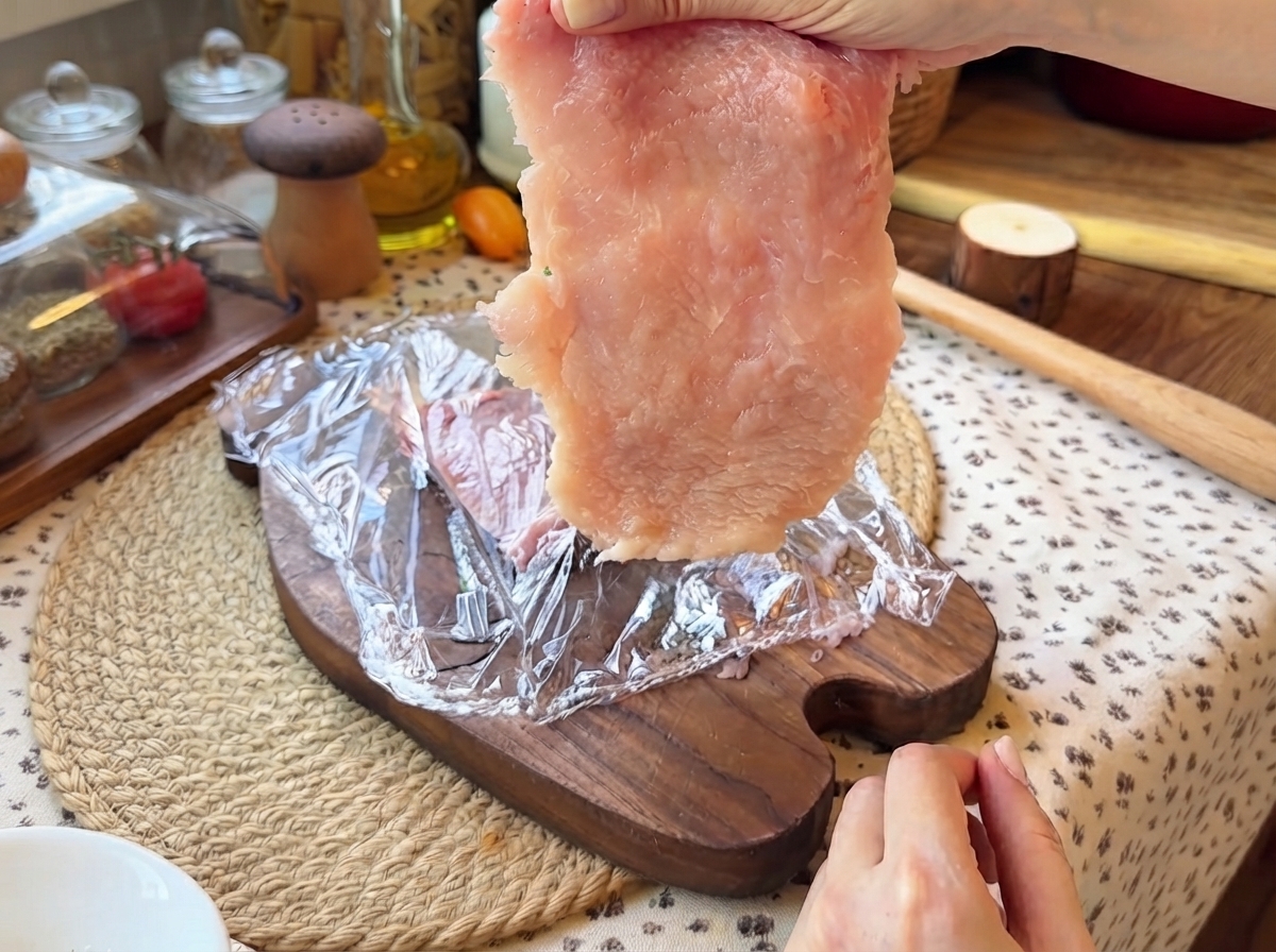A freshly pounded and flattened piece of pork tenderloin being held up above a wooden cutting board with plastic wrap.