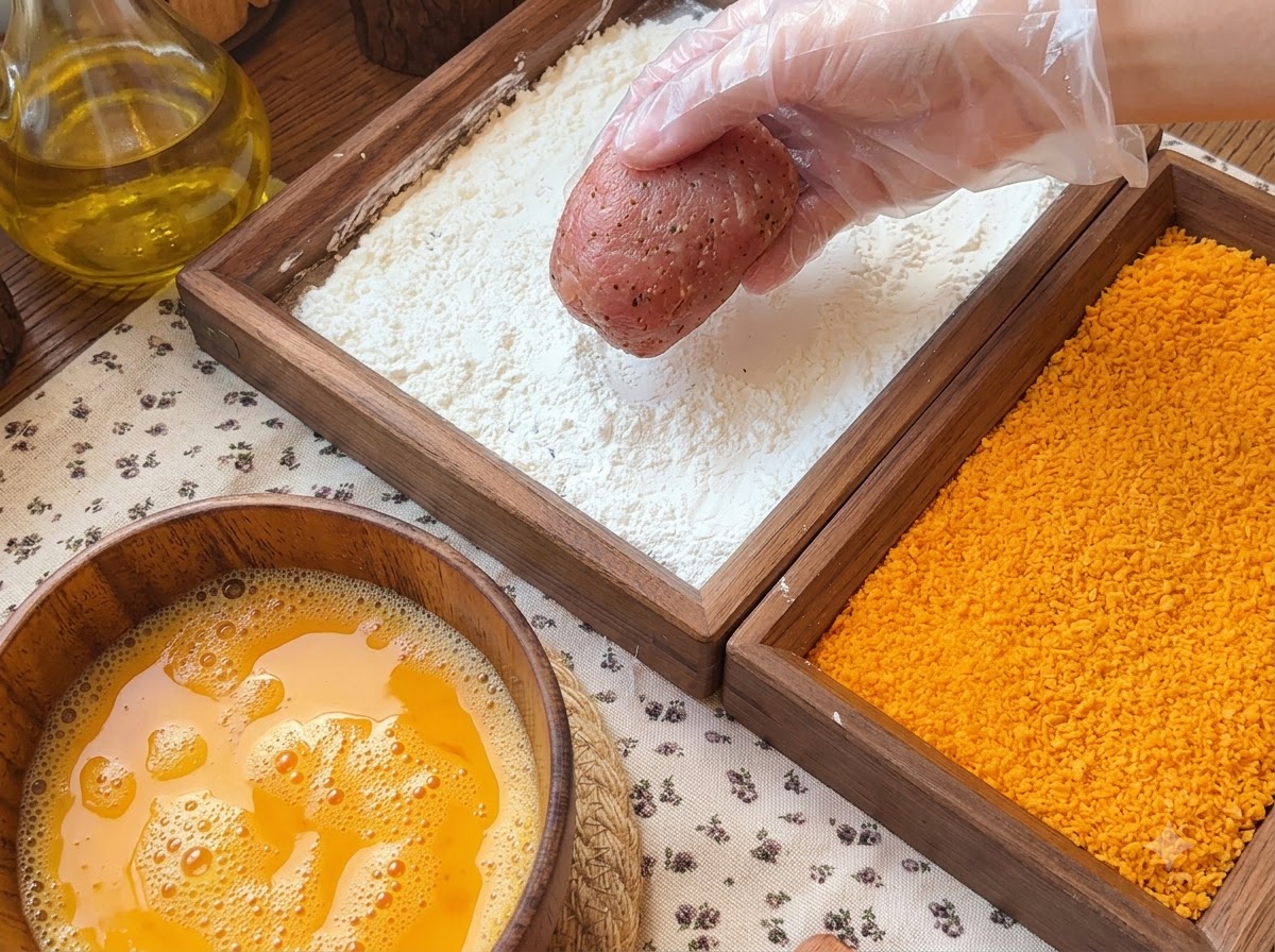 A gloved hand holding a meat roll over a wooden tray filled with cornstarch, alongside a bowl of beaten eggs and breadcrumbs.
