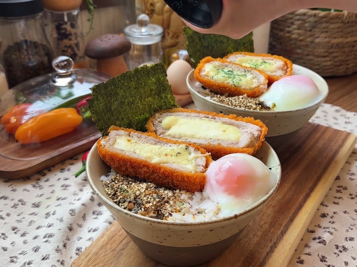 A finished dish of crispy cheese pork cutlets served over rice with a hot spring egg and a sheet of nori in a ceramic bowl.