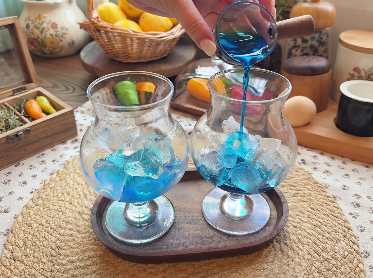 Blue syrup being poured from a small glass container into tall glasses filled with ice cubes on a wooden tray.