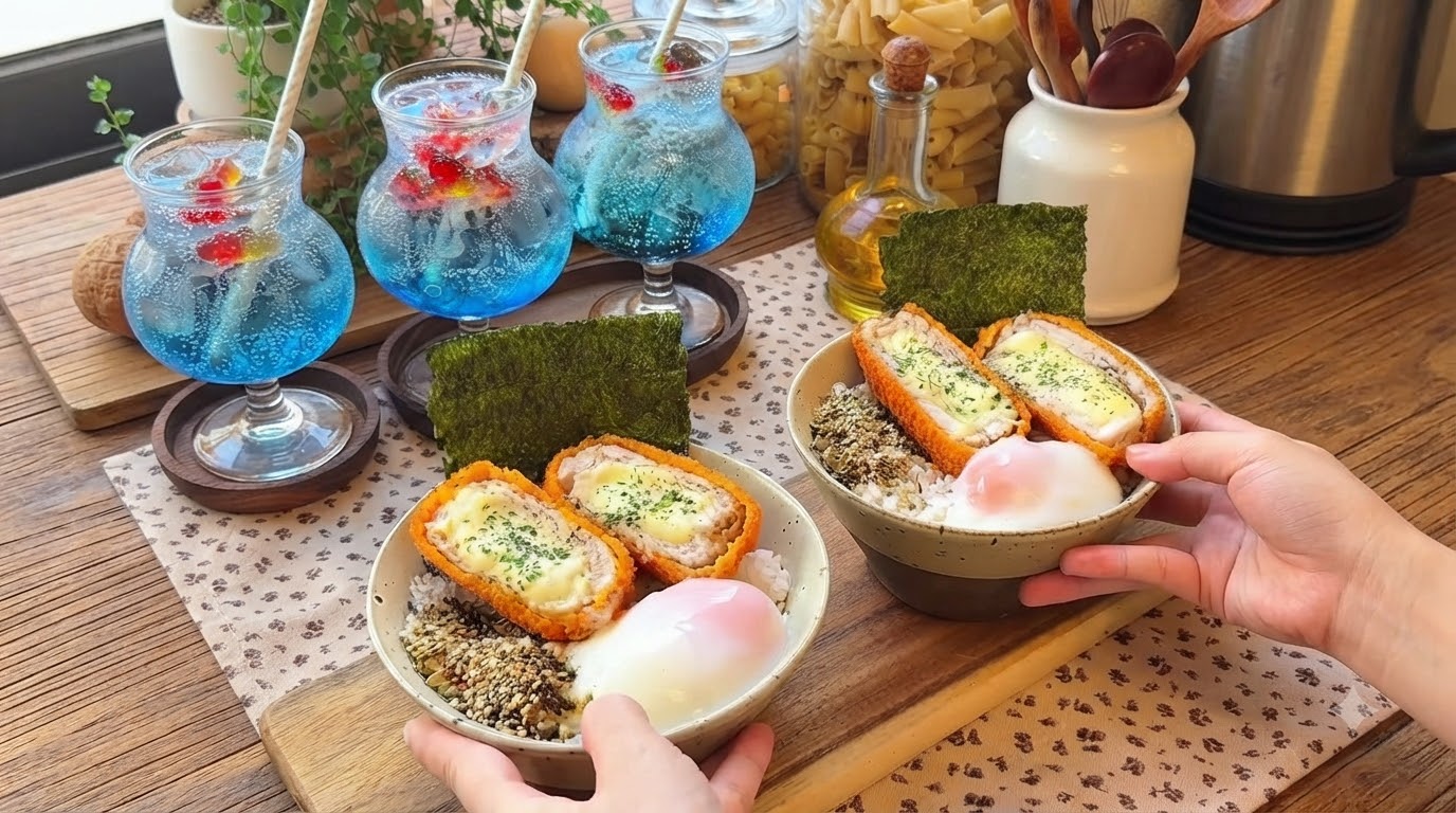 Cheese-Stuffed Pork Cutlet Rice with Hot Spring Egg and Goldfish Bubble Drink