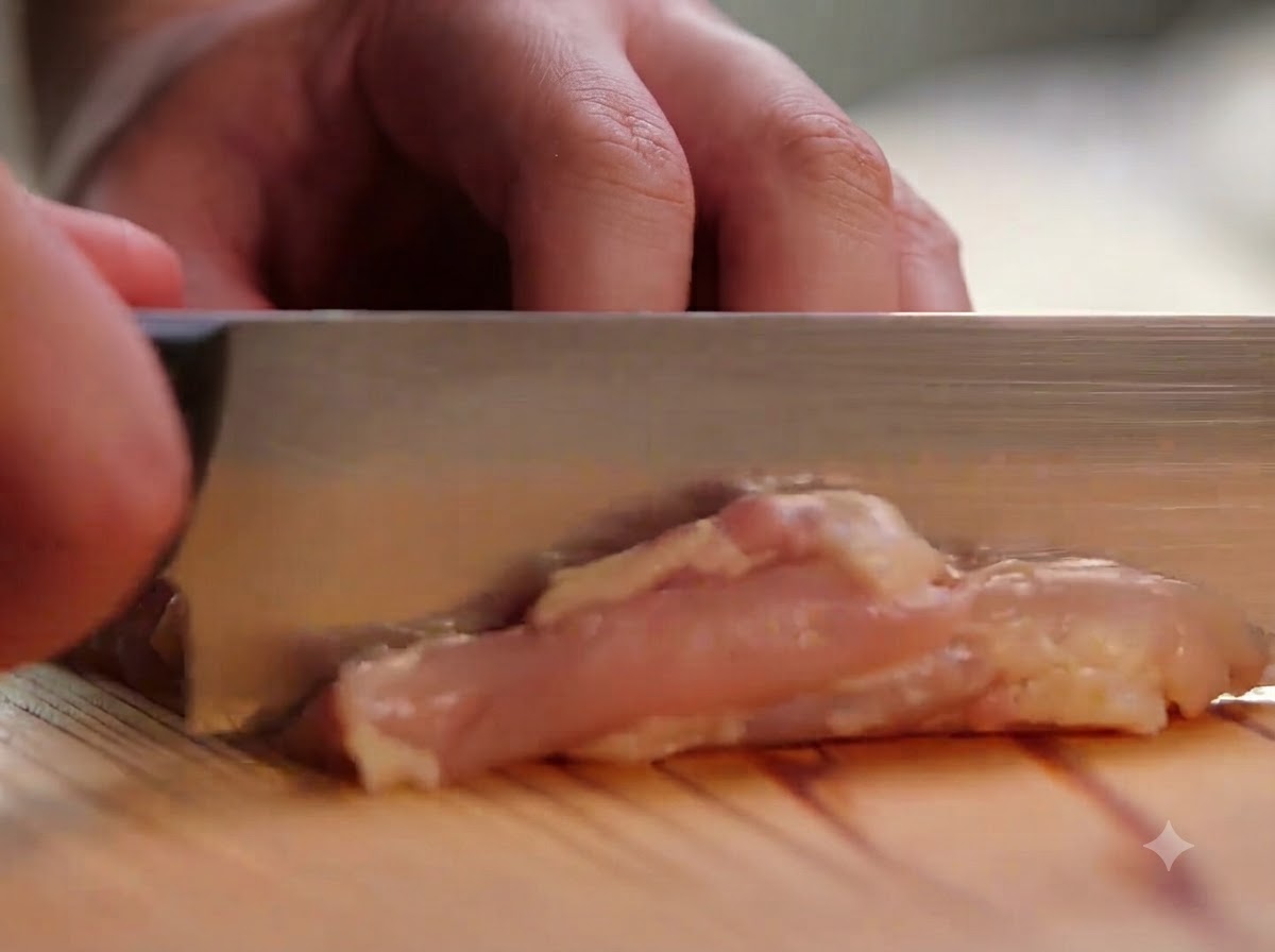 Boneless chicken thighs being sliced into small pieces on a wooden cutting board with a knife.