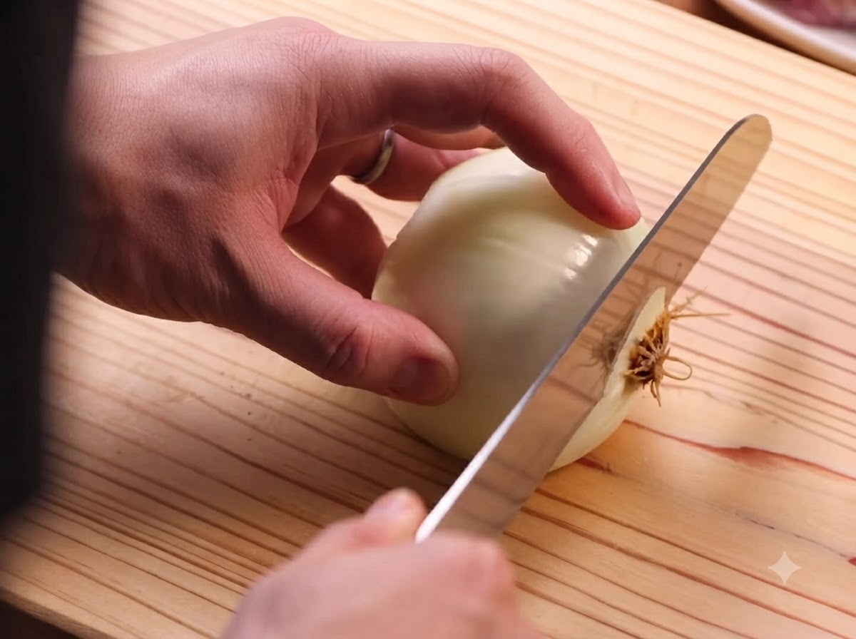 An onion being sliced into thin strips with a knife on a wooden cutting board.