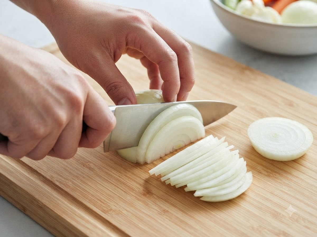 A carrot being roll-cut into uneven chunks with a kitchen knife on a wooden board.